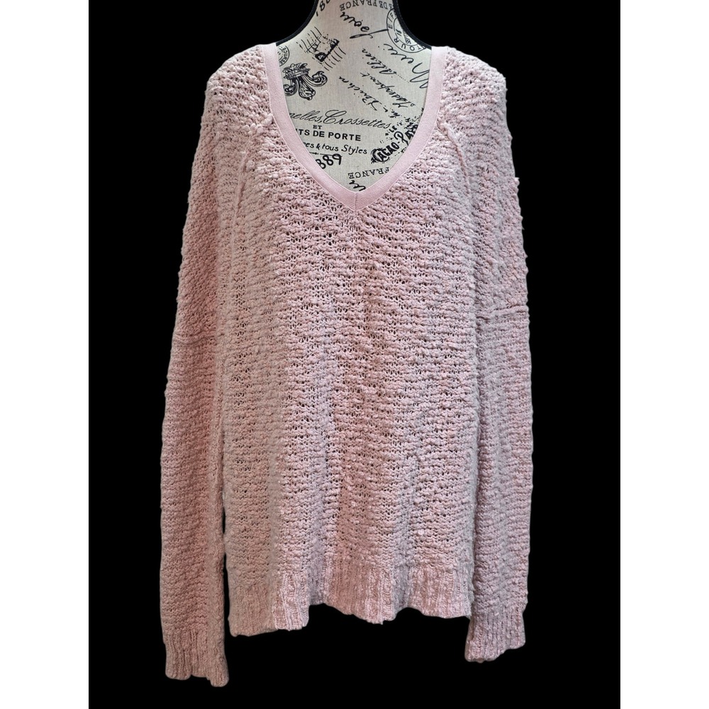 Free People Sweater M Pink Textured Chunky Knit V-Neck Slouchy Oversized Boho